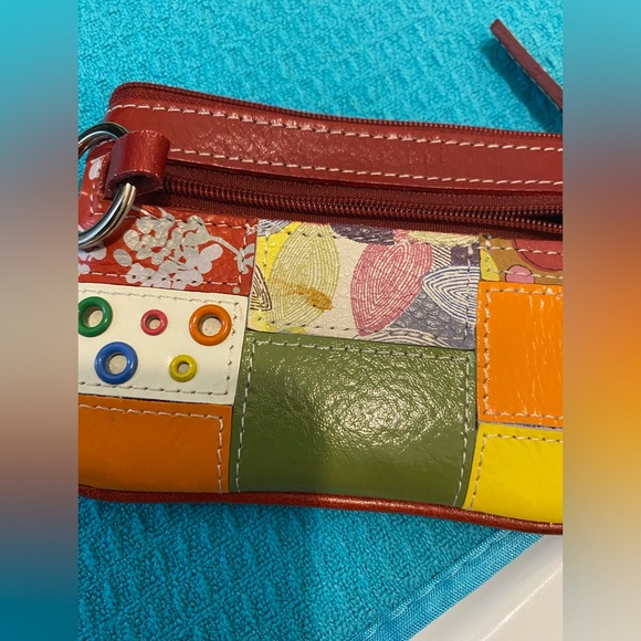 FOSSIL Women’s Leather “Patchwork Zip Coin Purse/ID Keychain” 3x4.5” Red NWOT - Picture 1 of 7